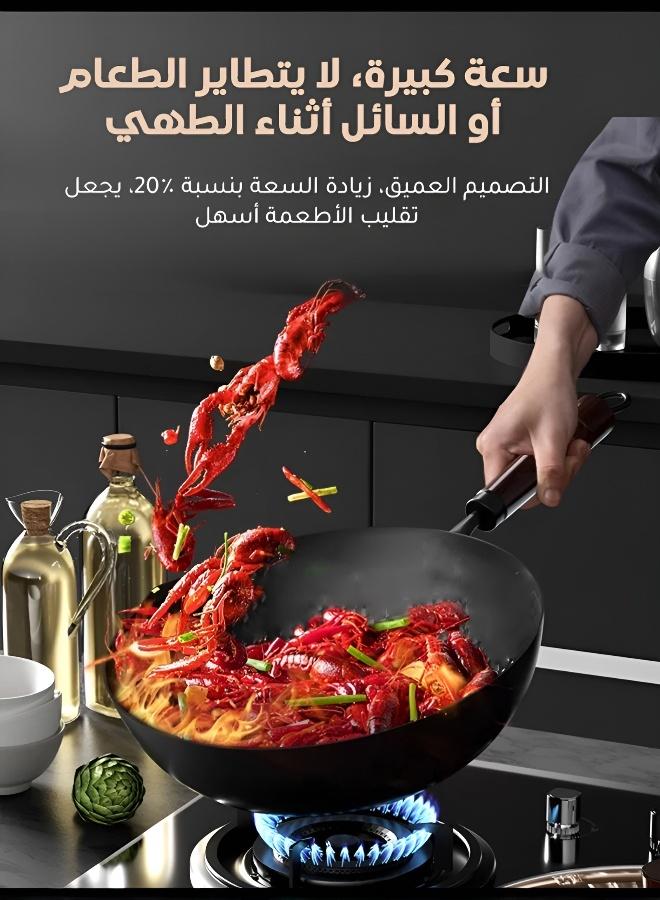 Healthy Coating-Free Non-Stick Wok with Wooden Lid, Durable Cast Iron Stir-Fry Pan for Home Cooking, Daily Meals & Traditional Saudi Cuisine - Image 3
